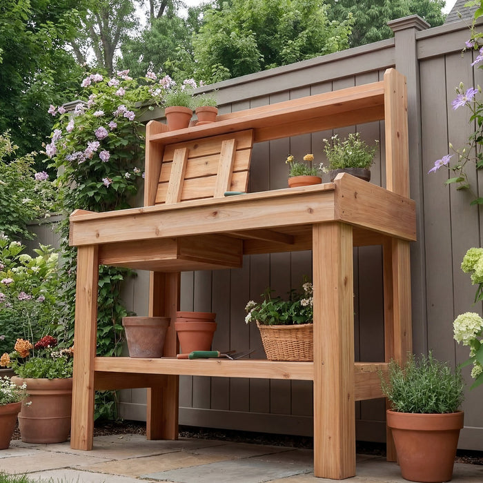 potting bench 4x2 cedar - lifestyle in-use view