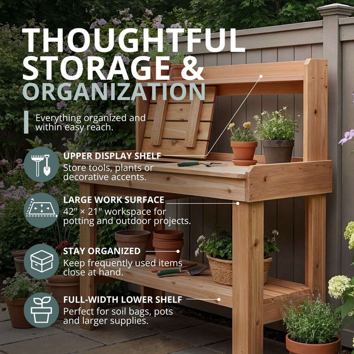 Cedar potting bench 4x2 from Outdoor Living Today shown in main view, featuring open shelving and a sturdy work surface.