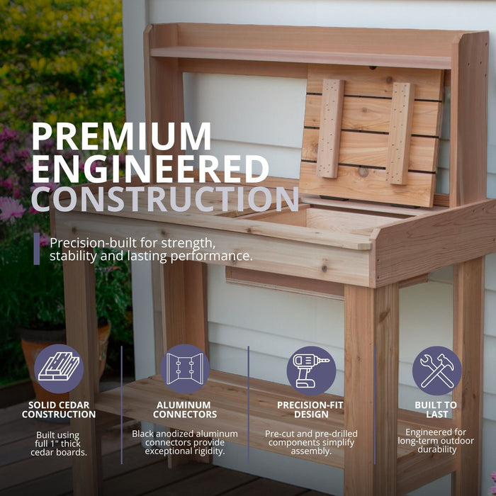 Cedar potting bench 4x2 shown from a side angle, highlighting joinery and shelf detail on the Outdoor Living Today model.