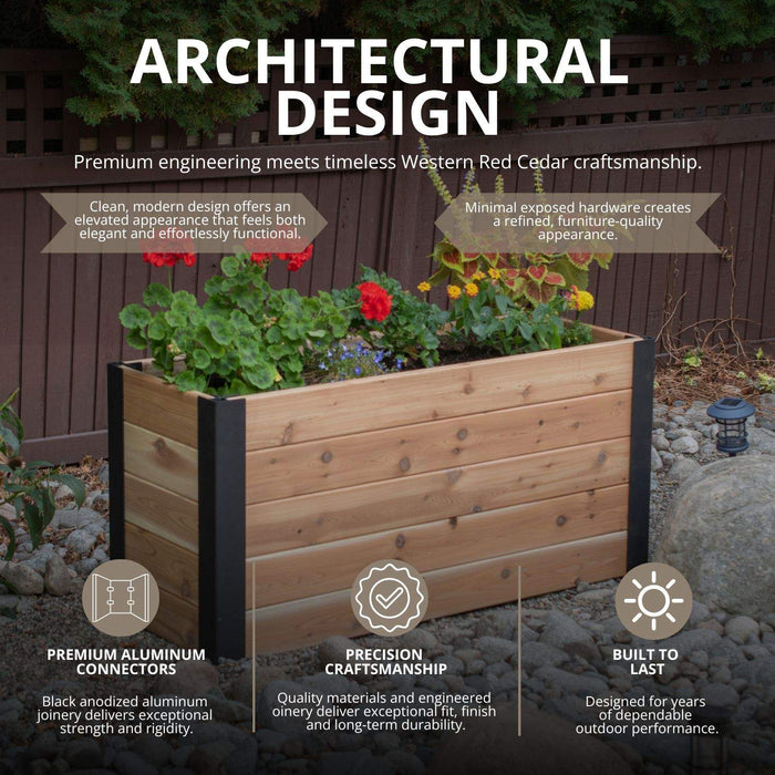 Cedar raised garden bed 4x1.5 shown from a side angle, highlighting the Urban design's natural wood grain and joinery.