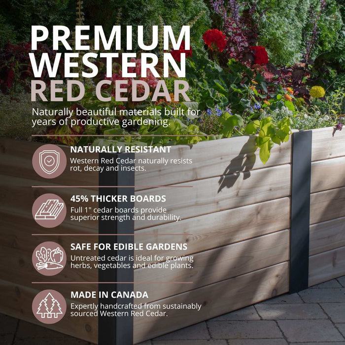 Cedar raised garden bed 6x3 shown from a side angle, highlighting the Urban design's sturdy wood construction.