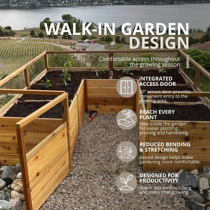 Detail view of the 8x8 cedar raised garden bed kit's corner joinery and wood grain from Outdoor Living Today's Garden in a...