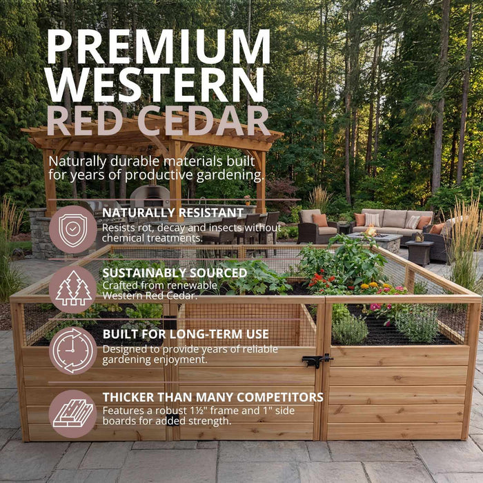 Cedar raised garden bed kit shown from a side angle, highlighting the 8x8 Garden in a Box wood panel construction.