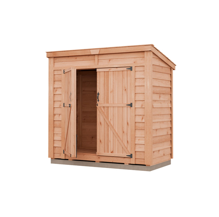 Cedar lean-to storage shed with a wood roof and open Z-brace double doors, the Outdoor Living Today SpaceSaver 8x4 on a white background