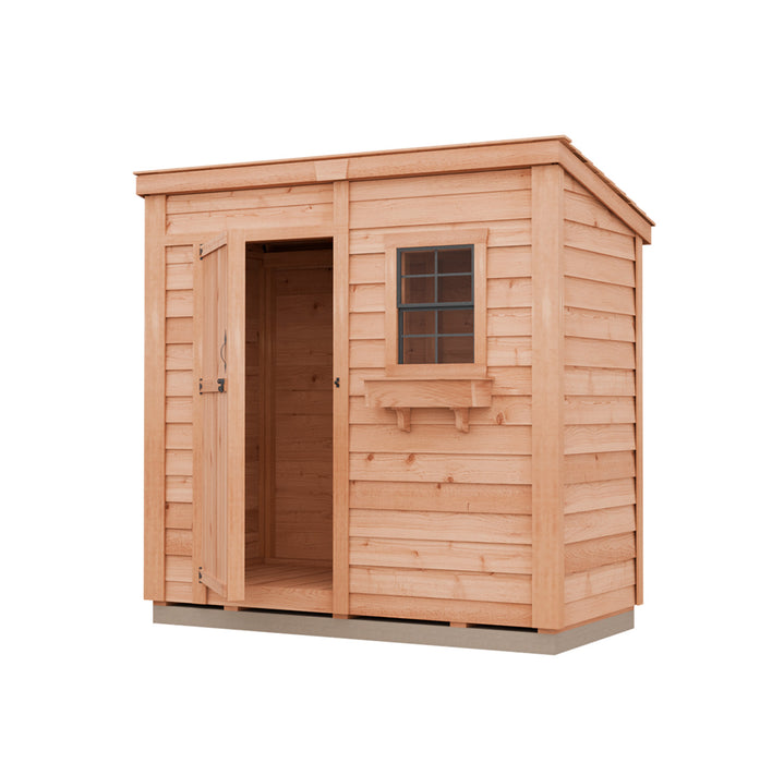 Cedar storage shed with a cedar roof, paned window, flower box and open single door, the Outdoor Living Today SpaceSaver 8x4 on white