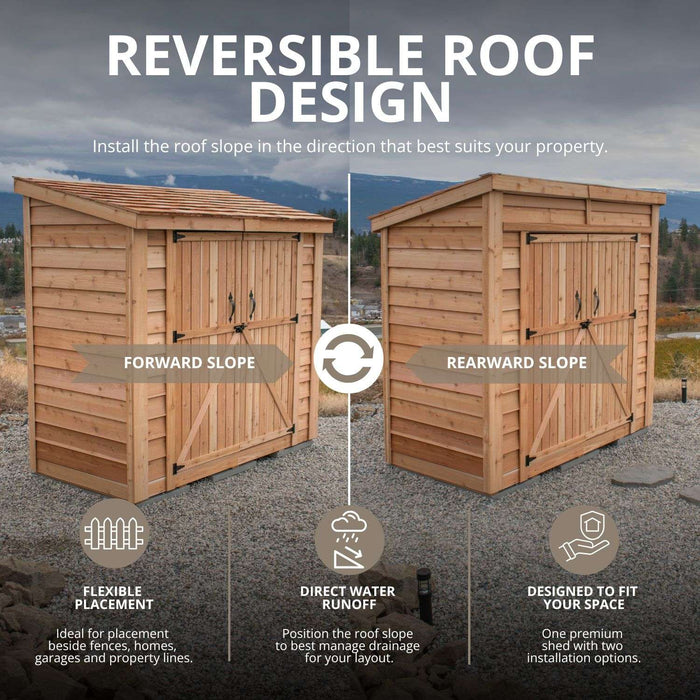 Close-up detail of the cedar SpaceSaver 8x4 shed's double door hardware and wood grain construction.