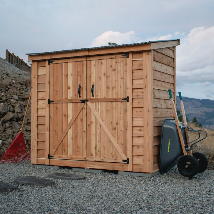 Cedar SpaceSaver 8x4 shed with double doors, showing close-up detail of the wood construction and hardware.