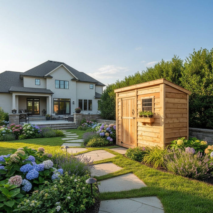 Cedar SpaceSaver 8x4 shed with a single door, shown from the front to highlight its compact garden storage design.
