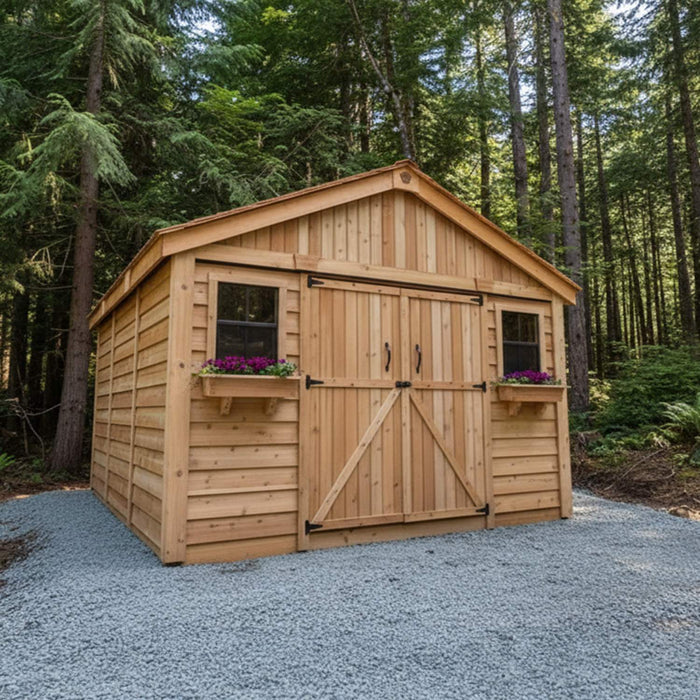 Front view of the Space Master 12x12 cedar storage shed with double doors closed, set on a gravel base outdoors.