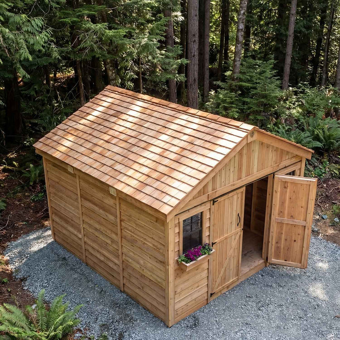 Side angle view of the 12x12 cedar Space Master storage shed with its double doors closed.