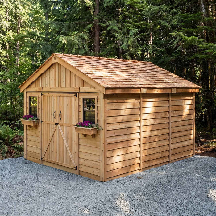 Cedar storage shed measuring 12x12 with double doors, shown from a side angle to highlight its construction.