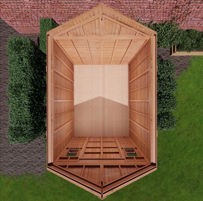 Close-up of the double door detail on the 12x16 cedar storage shed, showing wood grain and sturdy hardware.
