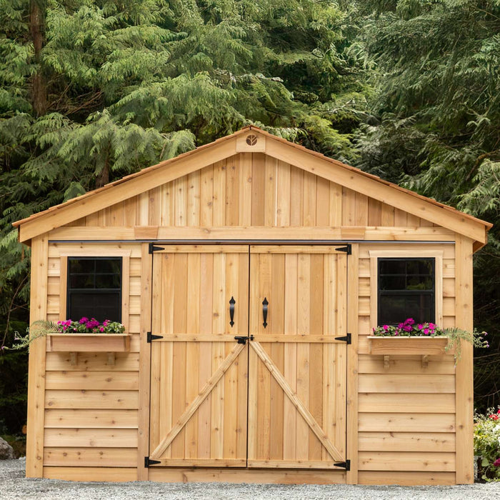 Cedar storage shed 12x16 with double door detail showing wooden panel construction and sturdy hinges.