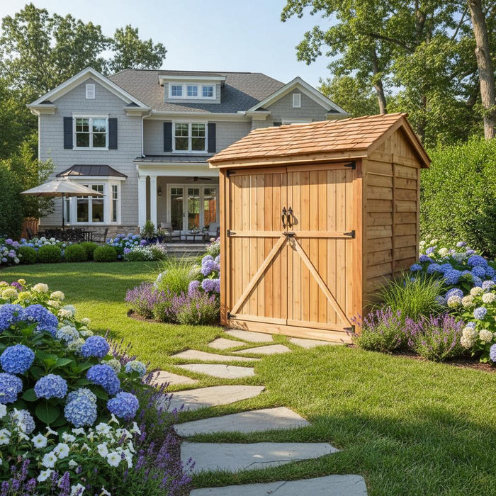Side angle view of the 6x6 cedar Maximizer storage shed, showcasing its double doors and wood siding.