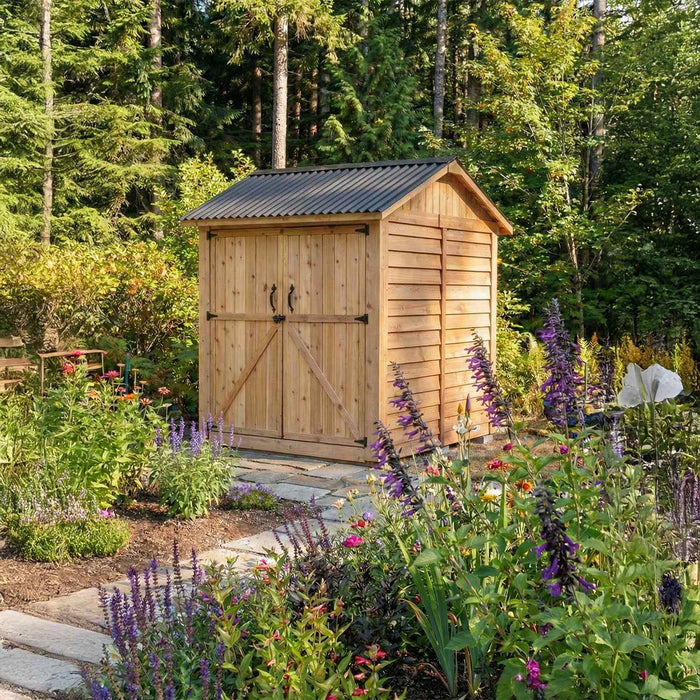 Cedar storage shed 6x6 Maximizer shown from a side angle view, highlighting its wood paneling and sturdy roof design.