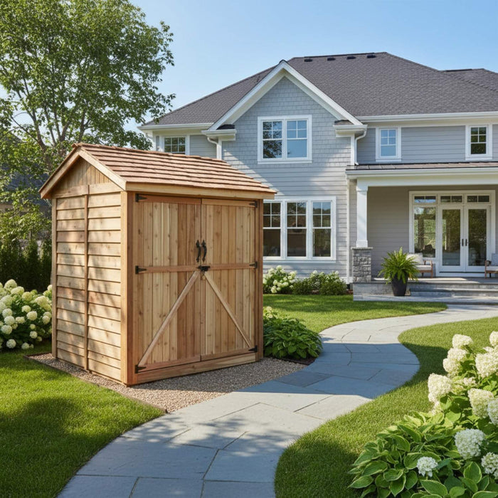 Cedar storage shed 6x6 Maximizer shown from a side angle, highlighting its double doors and peaked roof design.