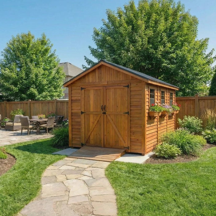 Close-up detail of the cedar wood grain and door hardware on the Outdoor Living Today 8x12 Space Master storage shed.