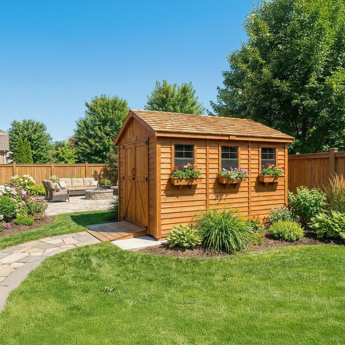 Close-up detail of the 8x12 Space Master cedar storage shed, showing wood grain and door hardware.