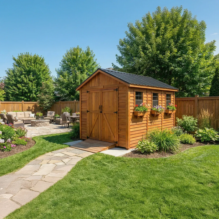 Side angle view of the 8x12 cedar Space Master storage shed, showing its double doors and sloped roof design.