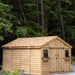 Cedar storage shed with double door in the 12x16 Space Master design, showing close-up construction detail.