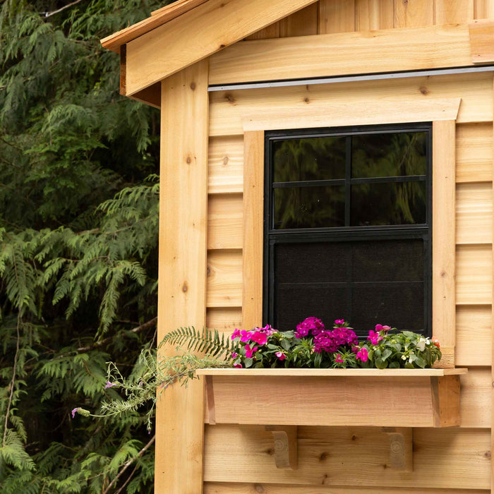 Cedar storage shed double door detail on the 12x16 Space Master, showing wood grain and hardware close up.