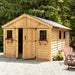 Detail view of the cedar Space Master 12x16 storage shed's double door construction and hardware.