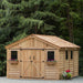 Cedar storage shed double door detail on the 12x16 Space Master, showing wood grain and sturdy hinge construction.