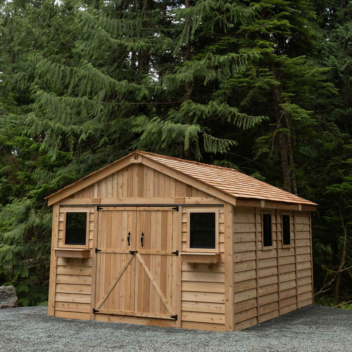 Front view of the cedar Space Master 12x16 storage shed with double doors closed, set against a plain background.
