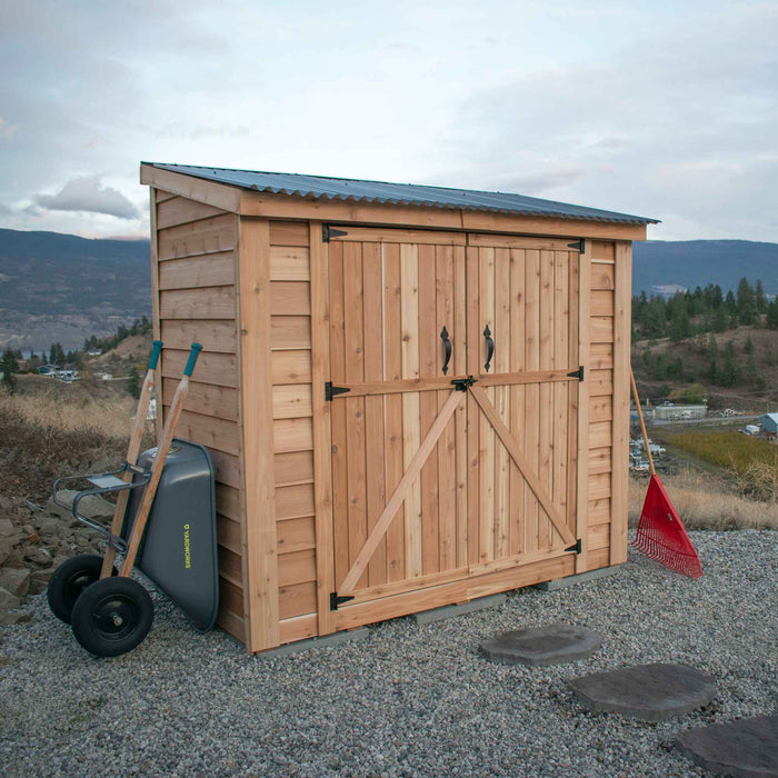 Cedar storage shed double door detail on the 8x4 SpaceSaver, showcasing sturdy hinges and natural wood grain.