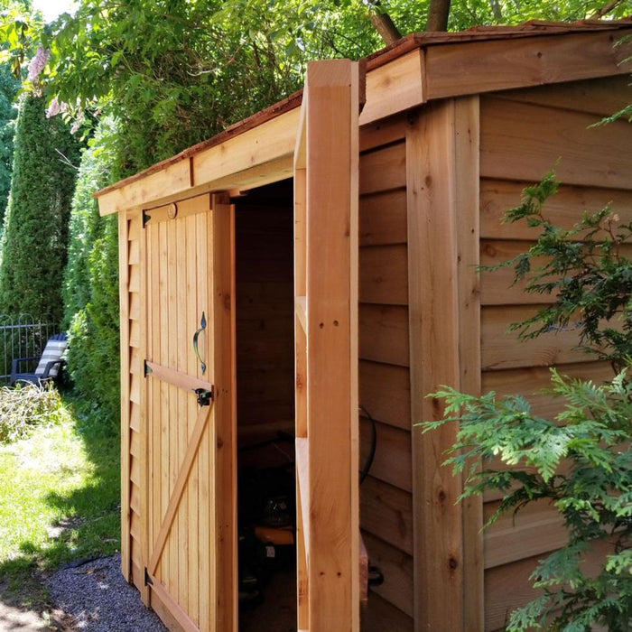Cedar storage shed with double door, 8x4 SpaceSaver design, showing close-up detail of wood construction.