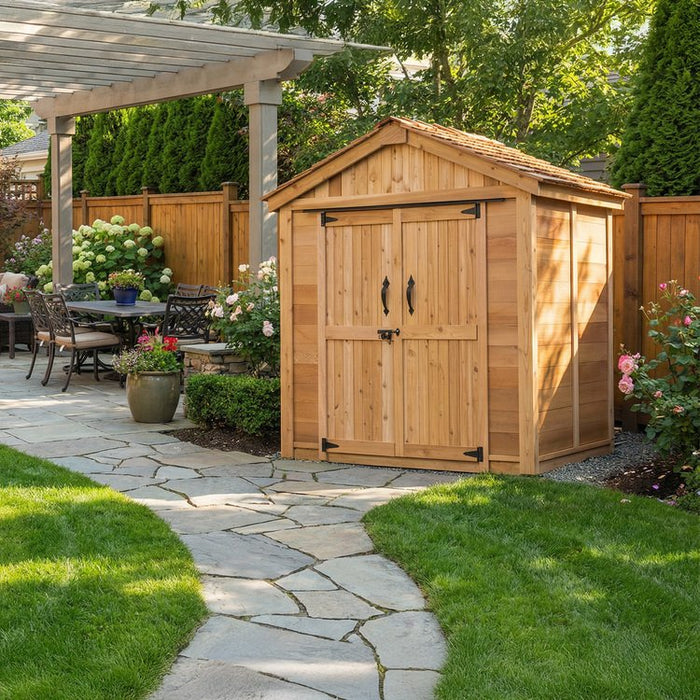 Closeup of the double door detail on the cedar SpaceMaster 6x4 storage shed, highlighting wood grain and latch.