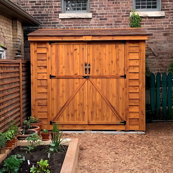 Close-up of the cedar storage shed's double door detail on the Outdoor Living Today SpaceSaver 8x4.
