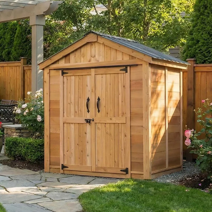 Close-up of the cedar storage shed's double door detail on the SpaceMaster 6x4, showing sturdy hinges and latch.