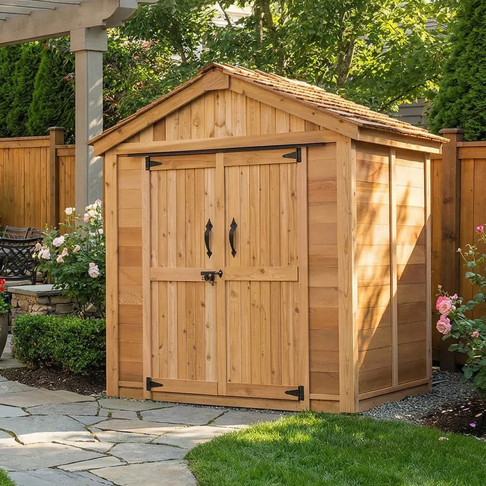 Close-up view of the cedar storage shed's double door detail on the SpaceMaster 6x4, showcasing sturdy hardware and crafts...