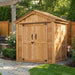 Close-up view of the cedar storage shed's double door detail on the SpaceMaster 6x4, showcasing sturdy hardware and crafts...