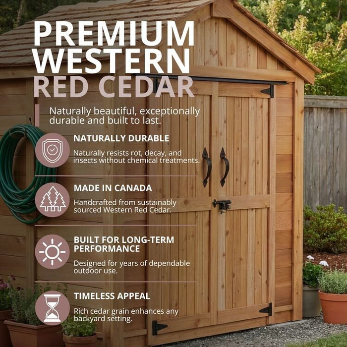 Cedar storage shed with double door, main view of the Outdoor Living Today SpaceMaster 6x4 in a backyard setting.