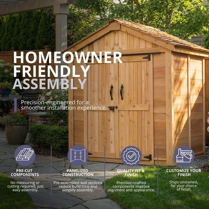 Cedar storage shed with double doors shown from a side angle, highlighting the SpaceMaster 6x4's compact design.