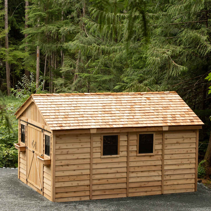 Cedar storage shed with double doors shown from a side angle, highlighting its 12x16 outdoor design and wood paneling.