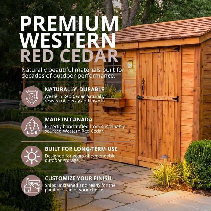Close-up detail of the cedar SpaceSaver 8x4 storage shed's single door, showcasing natural wood grain and hardware.
