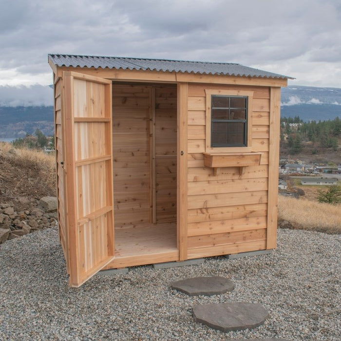 Cedar storage shed with single door, 8x4 SpaceSaver model, showing close-up detail of the wood panel construction.