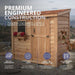 Close-up detail of the cedar storage shed's single door on the SpaceSaver 8x4, showing wood grain and hardware.