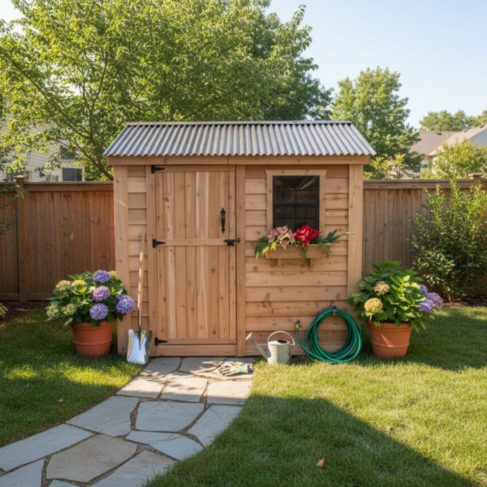 Cedar storage shed with a single door, shown from a side angle to highlight the SpaceSaver 8x4's compact design.