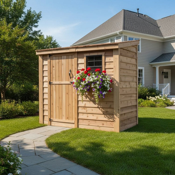 Cedar storage shed with a single door, shown from a side angle to highlight the SpaceSaver 8x4 design.
