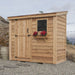 Cedar storage shed with a single door, shown from a side angle to highlight its SpaceSaver 8x4 design.