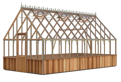 Rendered image of the 10x20 Westminster cedar greenhouse showing its detailed frame, pitched glass roof, and wooden base panels.