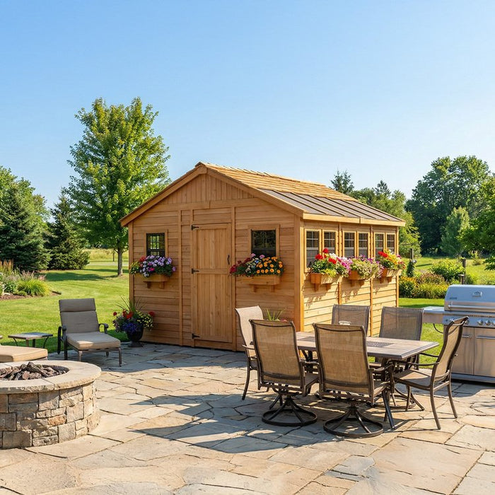 Close-up detail of the cedar Sunshed Garden Shed 12x12, showcasing the wood grain and sturdy door construction.