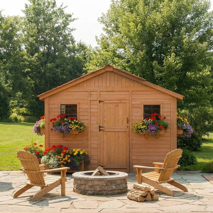 Detail view of the cedar Sunshed 12x12 garden shed, highlighting its wood construction and window trim.