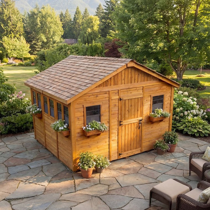 Cedar Sunshed garden shed, 12x12 size, shown from a side angle highlighting its wood construction and window details.