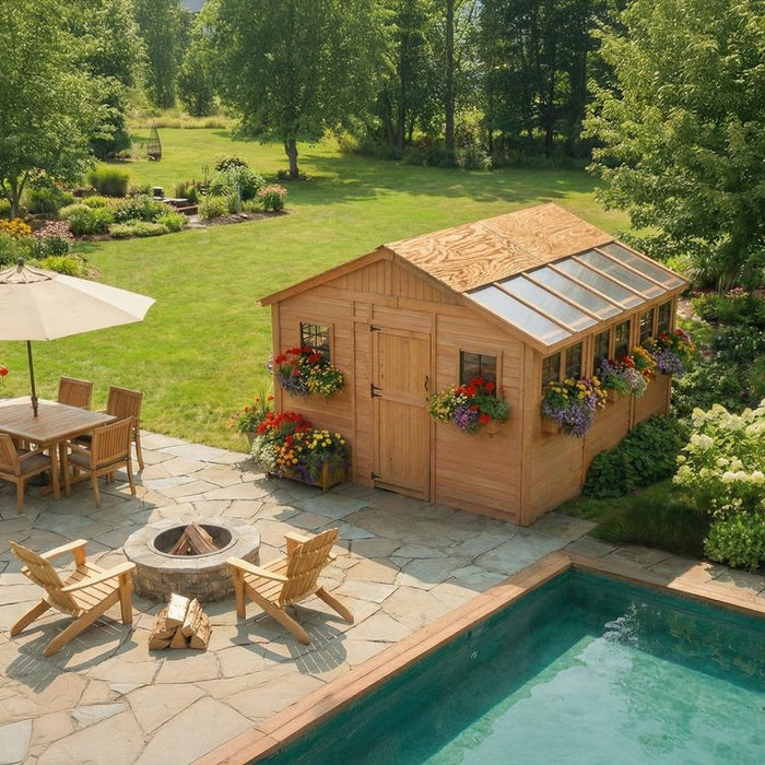 Cedar Sunshed garden shed 12x12 shown from a side angle, highlighting its wood siding and large window wall.