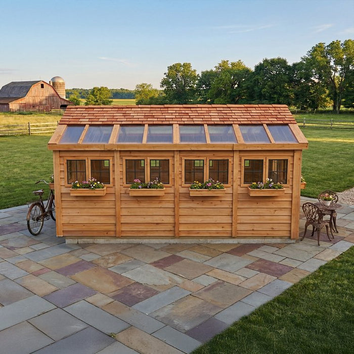 Close-up detail of the cedar Sunshed Garden Shed 12x16, showcasing its wood grain texture and sturdy construction.